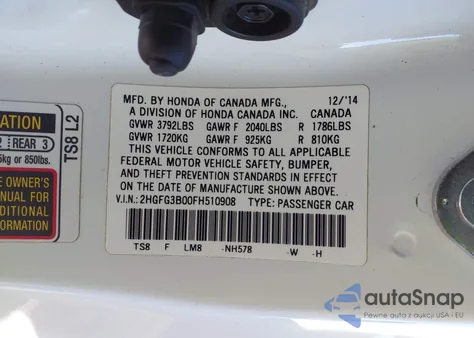 2015 Honda Civic Ex-L z USA, uszkodzony, nr VIN 2HGFG3B00FH510908